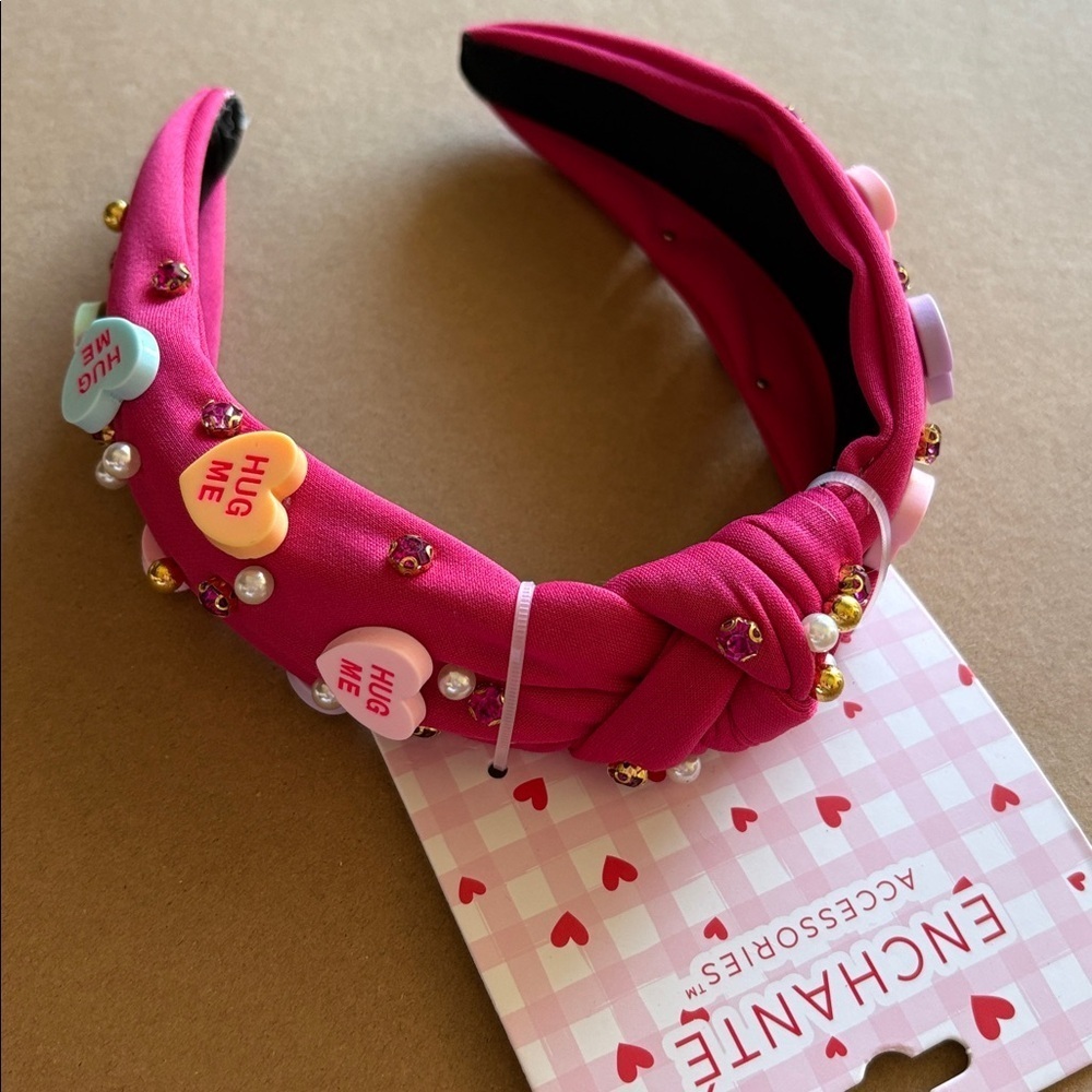 Hot pink Headband with faux candy Hearts, pearls, and rhinestone Accents